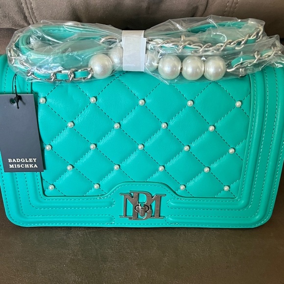 Badgley Mischka Handbags - Badgley Mischka Quilted Crossbody Bag with Pearl Chain – Teal/Green